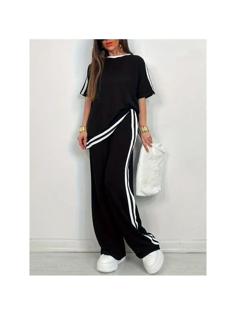 Women’s Black White 2 Piece Set 4XL US 20 Tracksuit Lounge Outfit Polyester